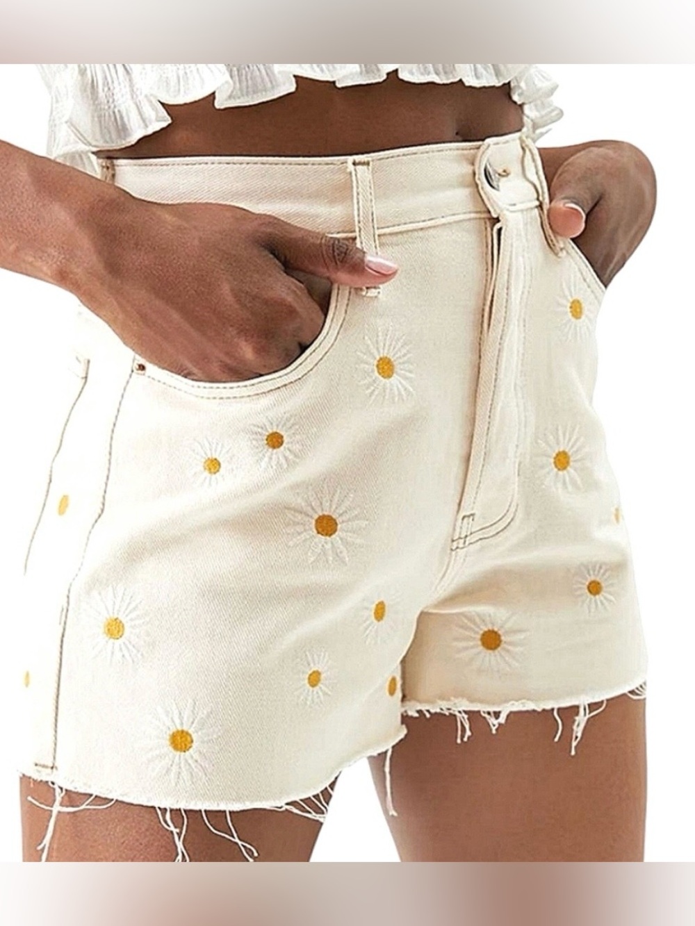 Pac Sun Cream Embroidered Daisy's High Rise Button Fly Raw Hem vintage shorts 23